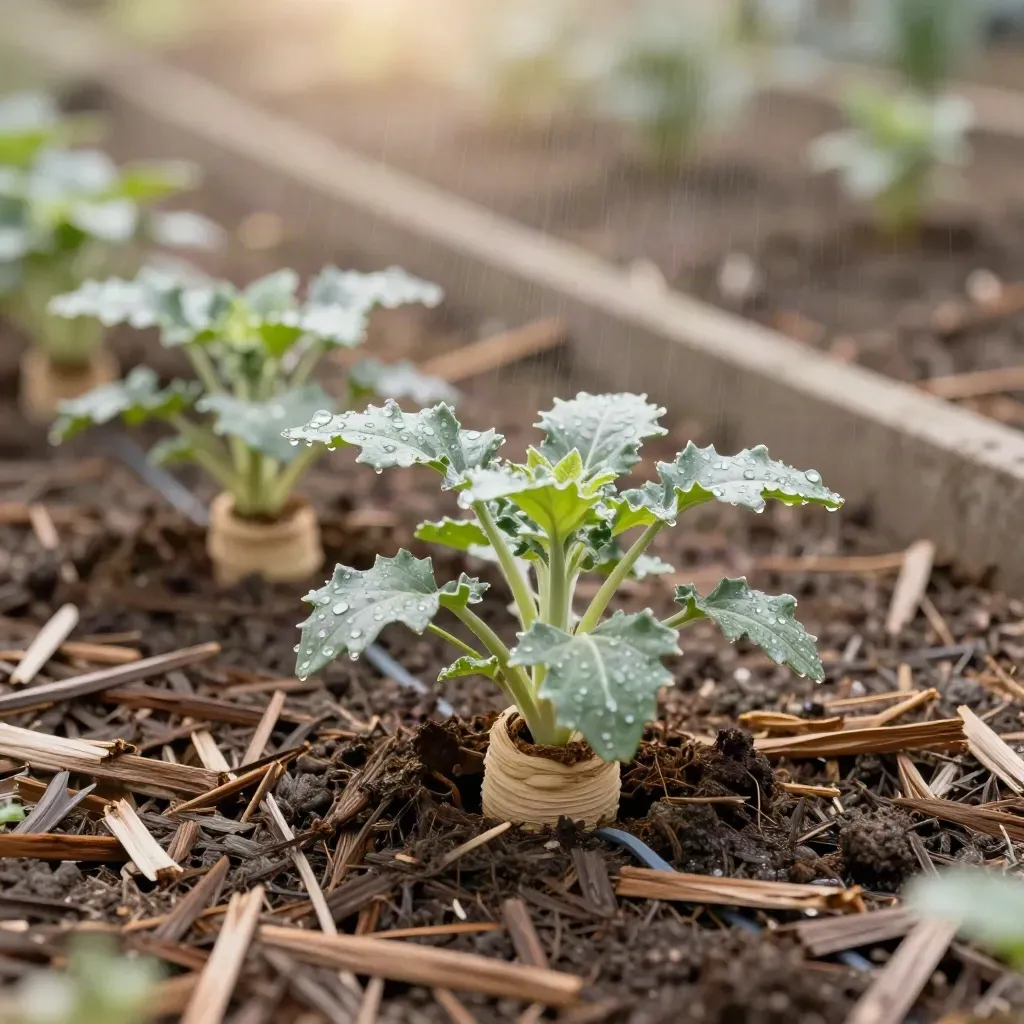 Unga perenner med vattenring och droppslang i ny rabatt, fuktig mulch och spray i luften