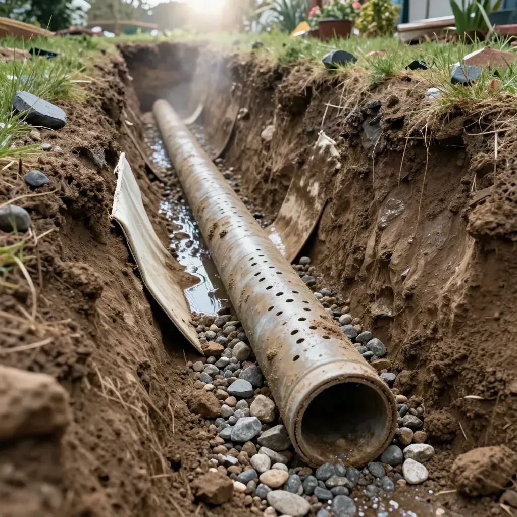 Dräneringsgrav med rör, grus och geotextil där vatten leds bort i lerig jord.