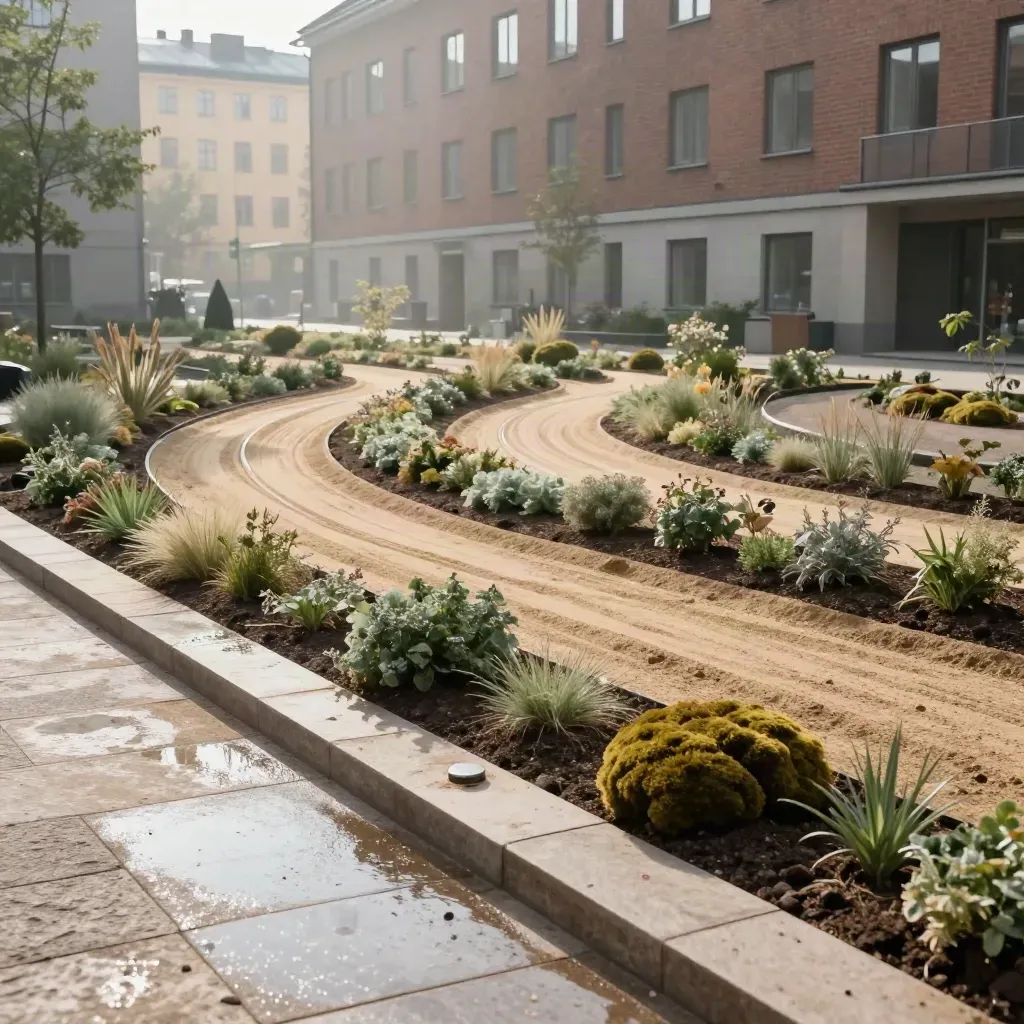Stockholmsgård med jämnade jordband, bevattning och enhetliga planteringar i mjuk dimma
